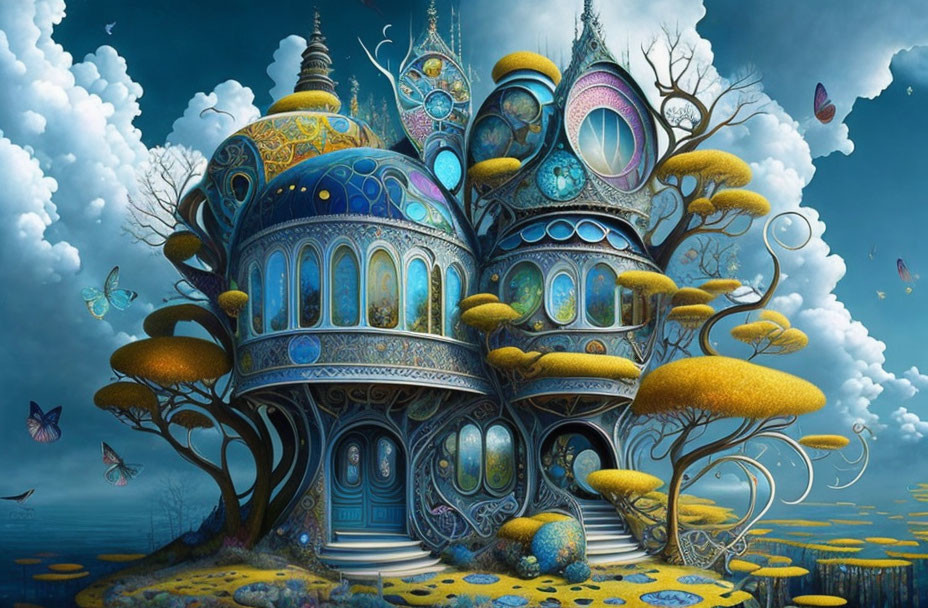 Whimsical palace with blue domes, mushrooms, and butterflies