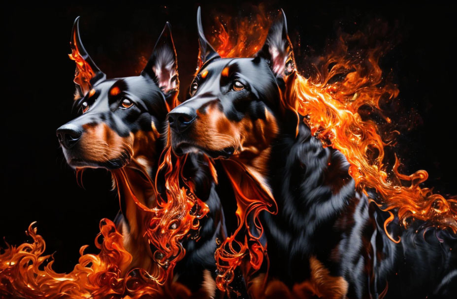 Fiery artistic effect on two Doberman dogs against dark background