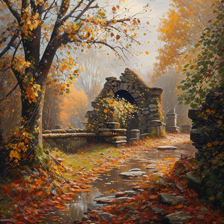 Stone arch bridge over creek in autumn forest with golden leaves