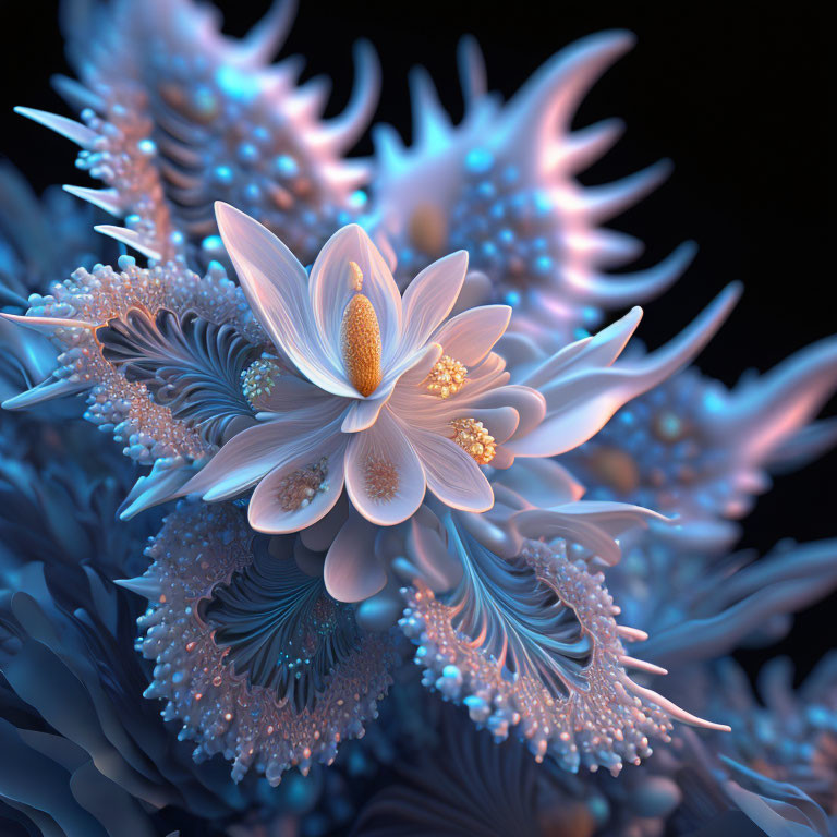 Surreal 3D rendering of delicate flower-like structures