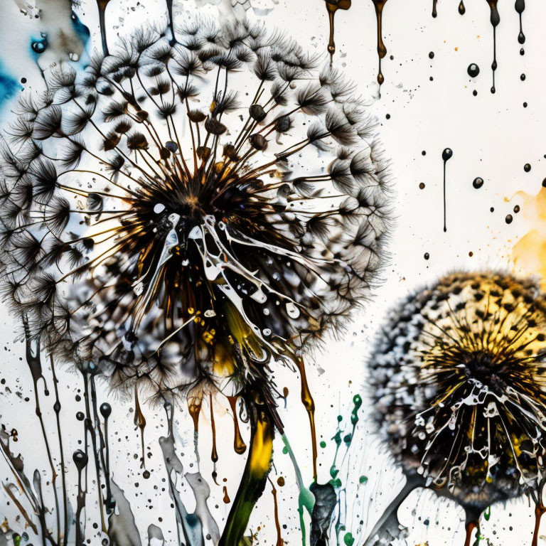 Colorful abstract artwork featuring dandelion seed heads and inky splatters