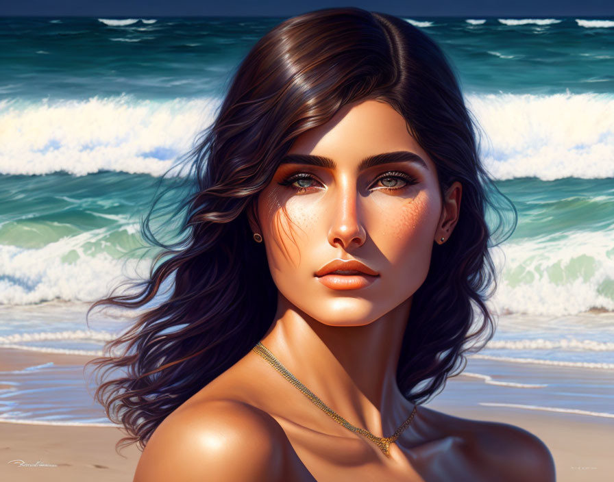 Brown-haired woman with green eyes at beach in digital art