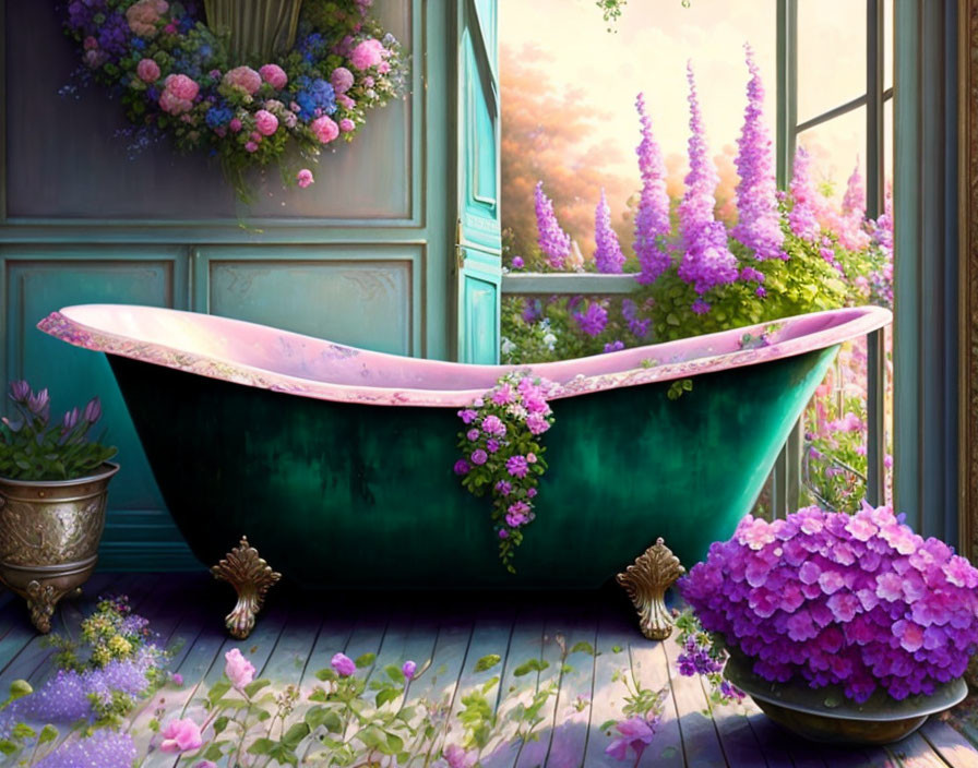 Vintage Claw-Foot Bathtub Surrounded by Lush Flowers and French Doors at Sunrise or Sunset