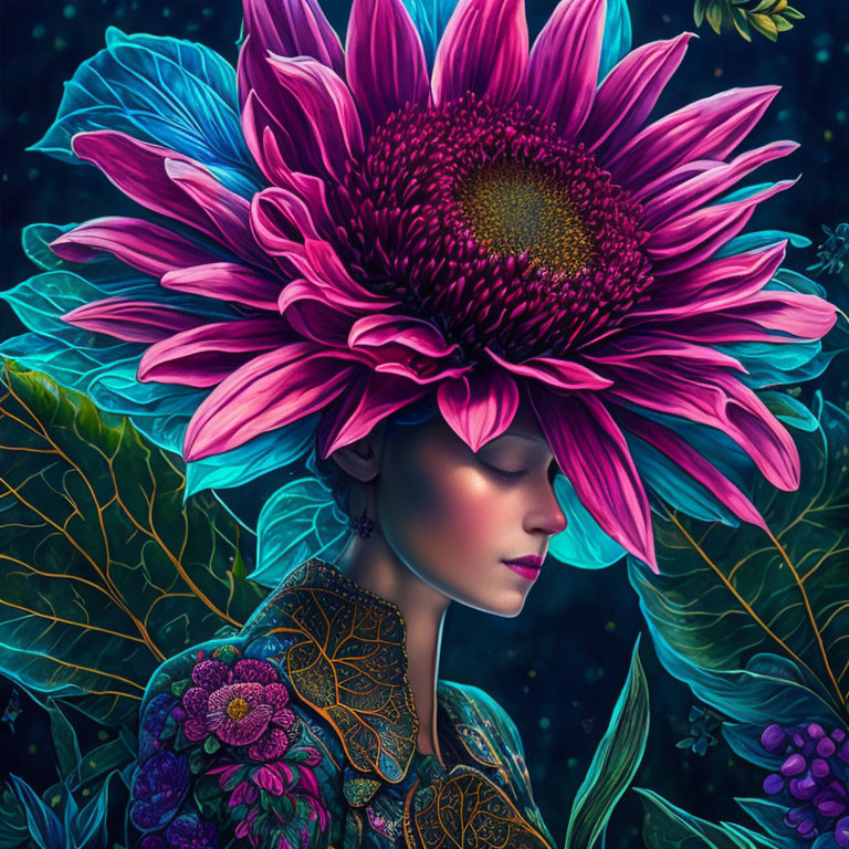 Vibrant pink sunflower head on person in digital artwork