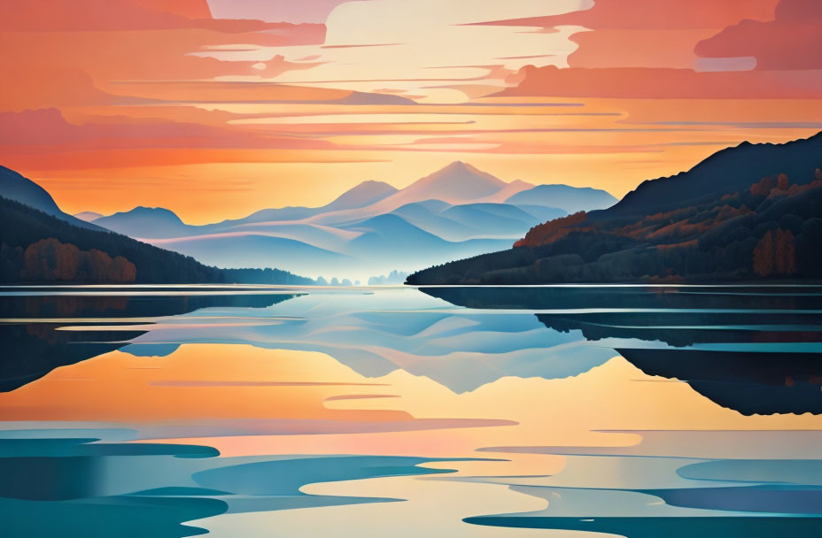 Tranquil digital art landscape: calm lake, vibrant sunset, silhouetted mountains