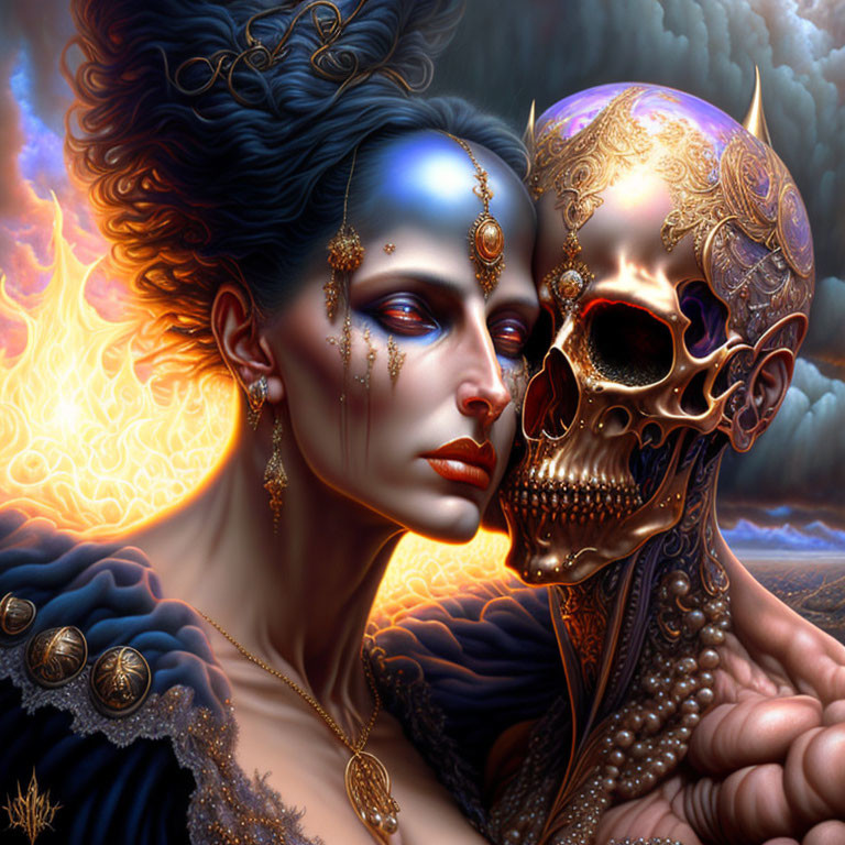 Fantastical digital painting of woman with blue makeup and golden skeletal figure on fiery backdrop