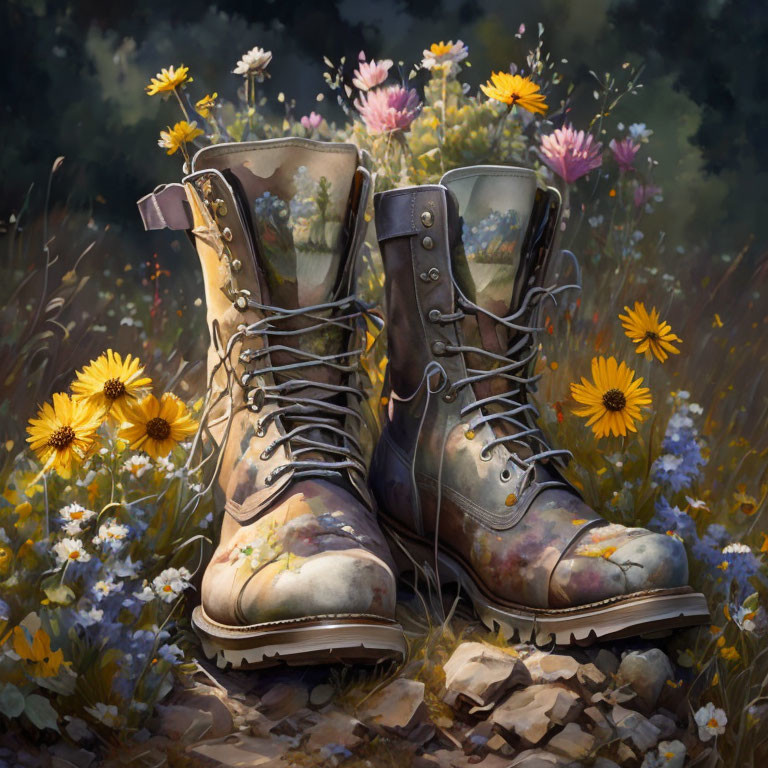 Painted boots with serene landscape amidst wildflowers