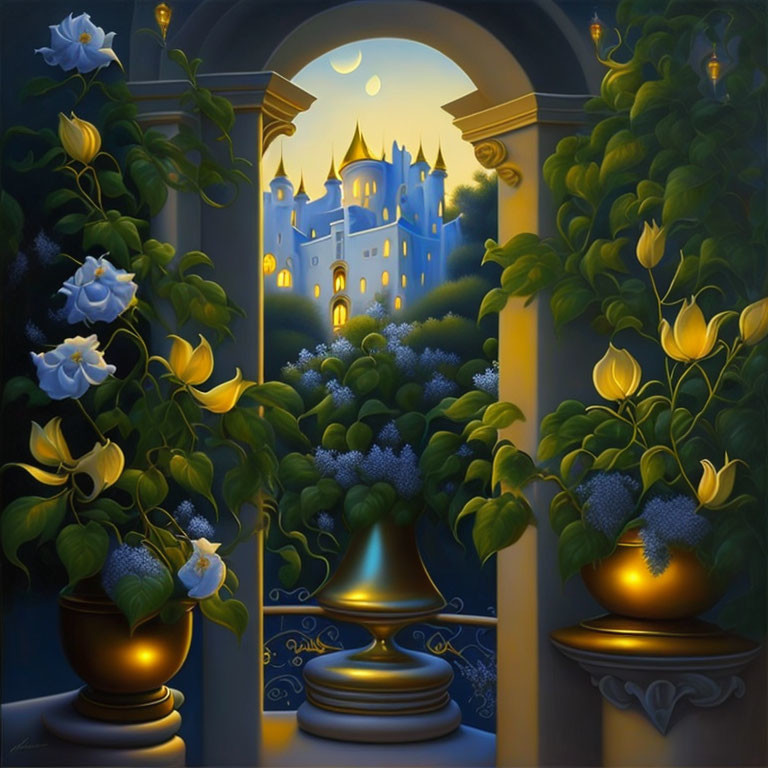 Whimsical castle under crescent moon in enchanting nighttime scene