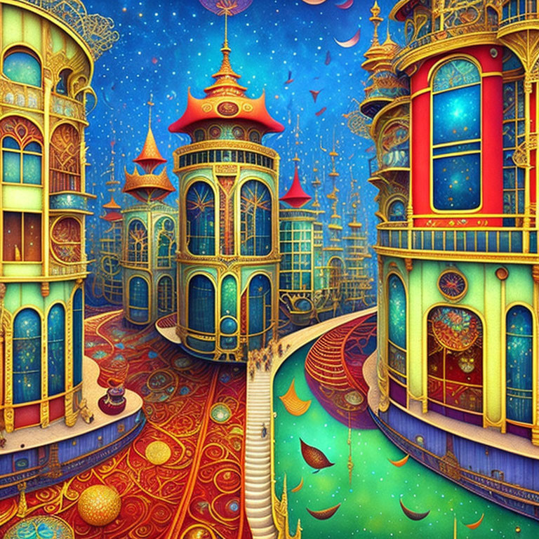 Fantastical architecture illustration with rich colors and intricate patterns