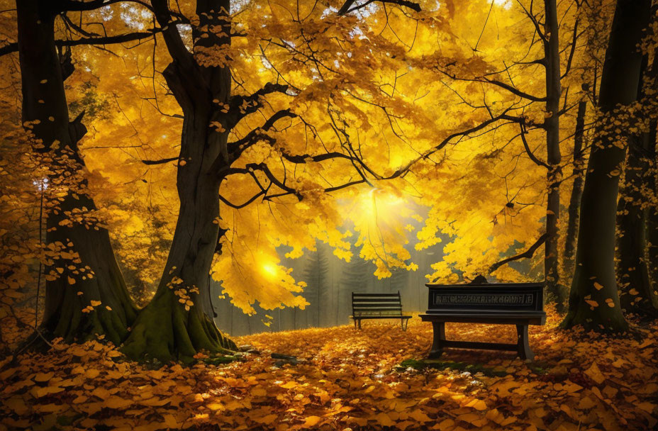 Sunlit Autumn Forest with Golden Leaves and Empty Bench