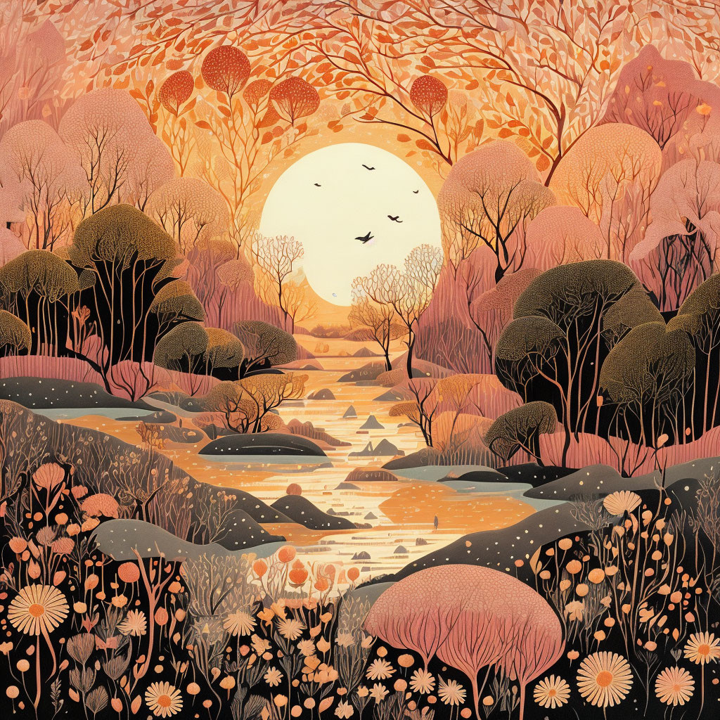 Scenic autumn landscape with river, moon, trees, flowers, and birds