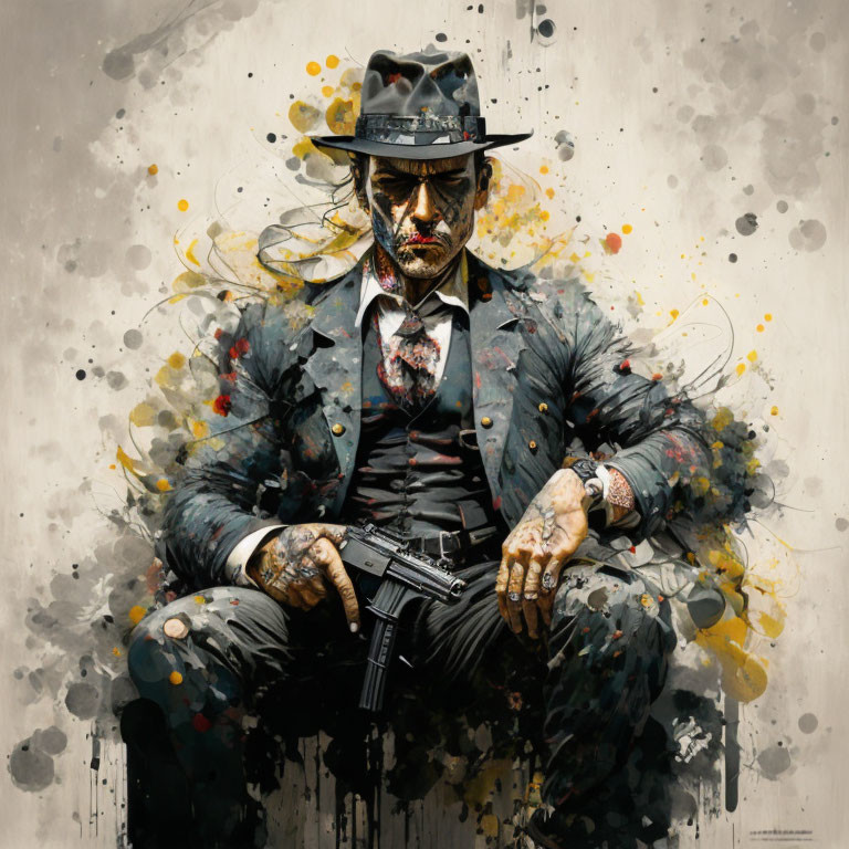 Stylized painting of a man in suit and hat with tattoos and gun on dynamic backdrop.