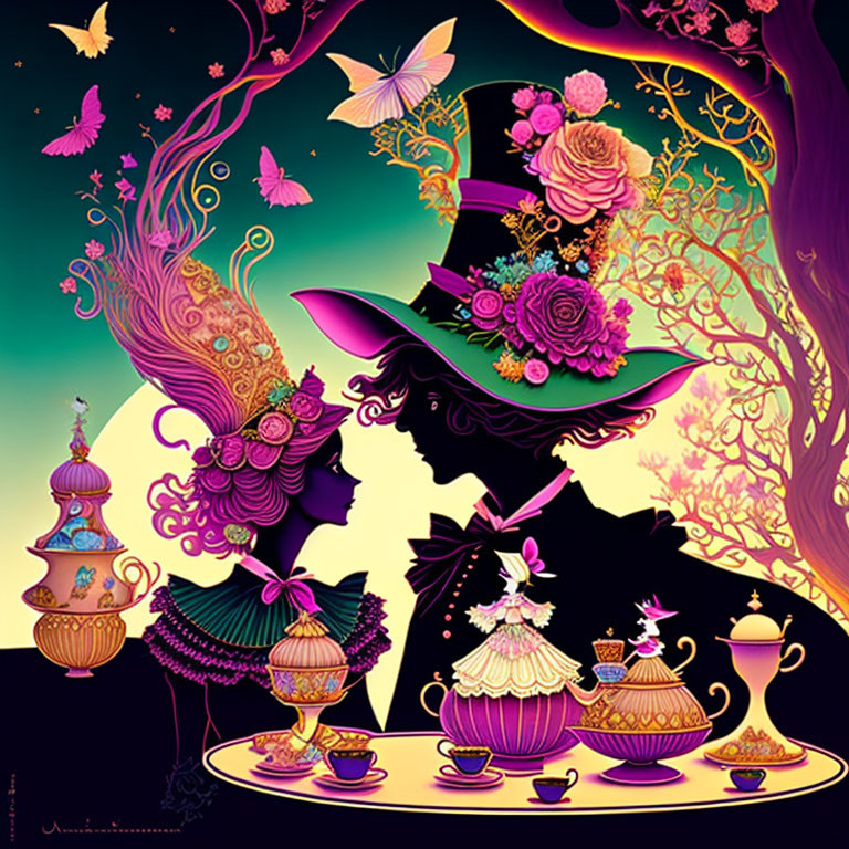 Colorful Tea Party Scene with Silhouettes and Butterflies