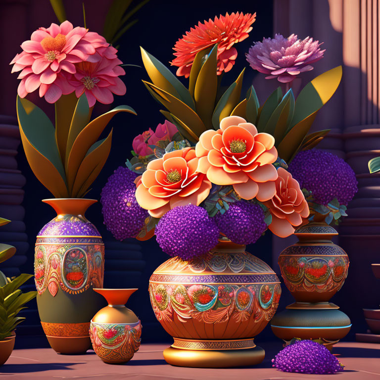 Colorful Still Life Scene with Patterned Vases and Flowers on Dark Purple Background