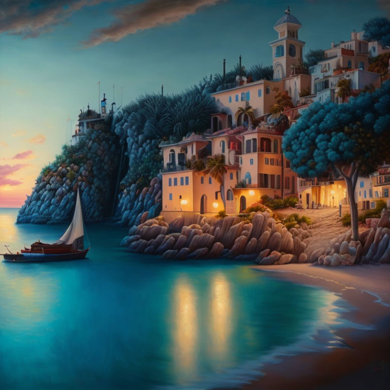 Tranquil coastal dusk scene with sailboat, bay, hillside houses, and lush greenery