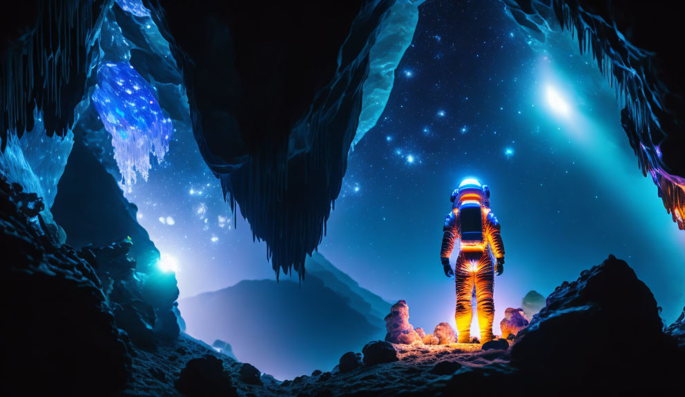 Person in glowing spacesuit in cave with starry sky & mystical blue light