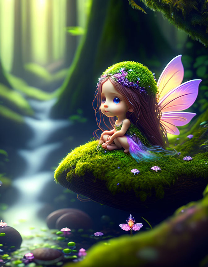 Illustration of fairy with translucent wings in enchanted forest