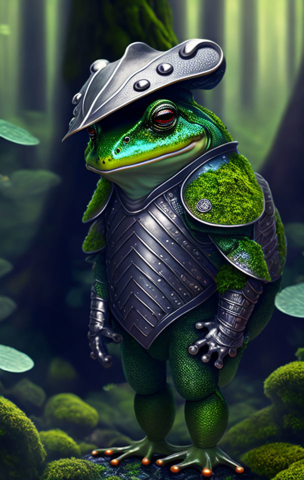 Anthropomorphic frog fantasy knight in enchanted forest