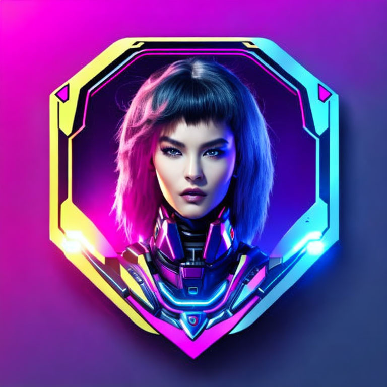 Digital portrait of female character in futuristic armor with glowing accents, hexagonal neon-lit border, vibrant