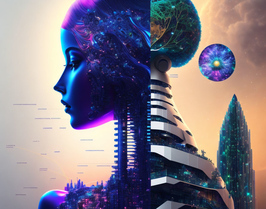 Futuristic female cyborg with neon colors, brain-like tree, spiral building, galaxy