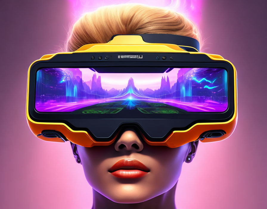 Futuristic VR headset with neon-lit virtual landscape on purple backdrop