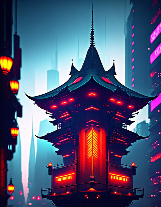 Futuristic neon-lit pagoda with sleek design in cityscape