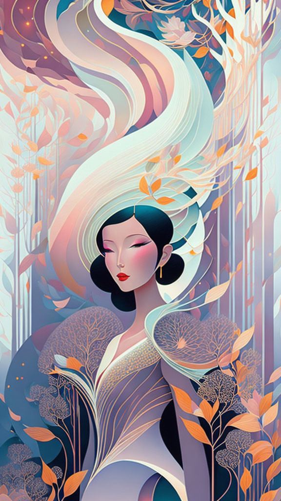 Serene woman surrounded by flowing ribbons and whimsical trees