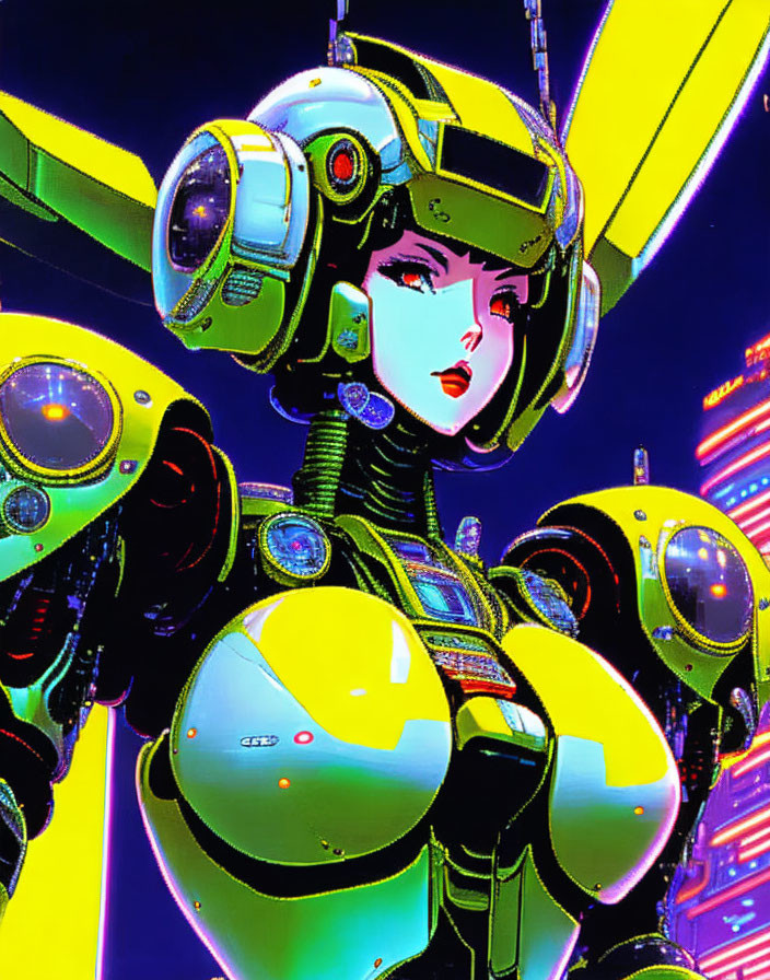 Futuristic female character in robotic suit against neon cityscape