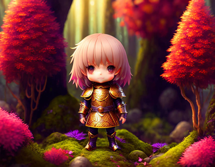 Chibi-style animated character in ornate armor in vibrant forest