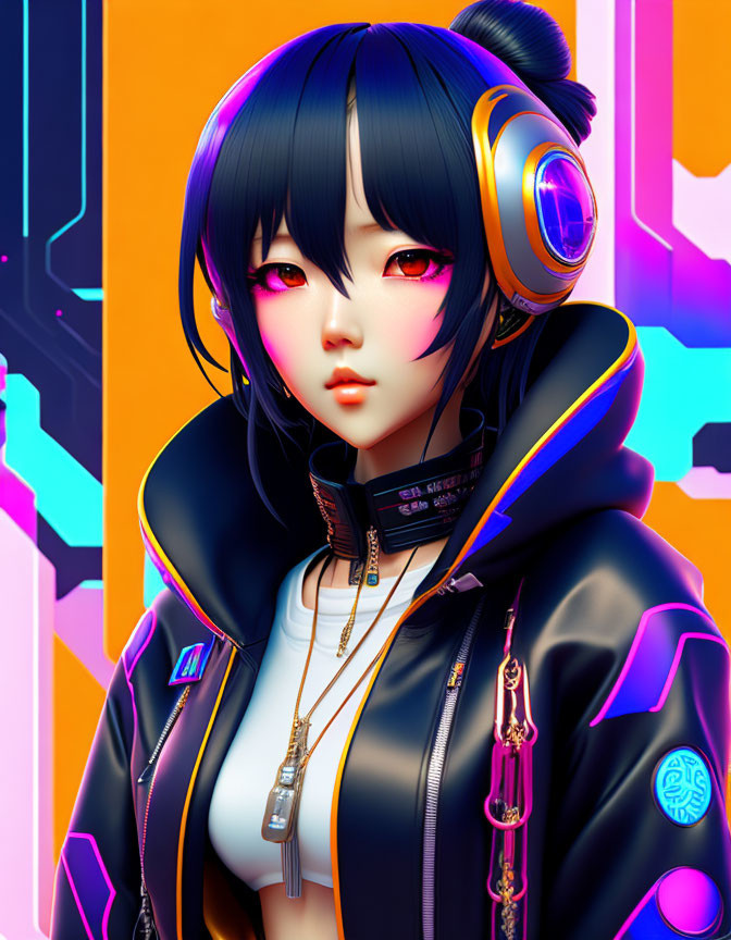 Vibrant digital artwork: girl with blue hair and headphones in neon colors