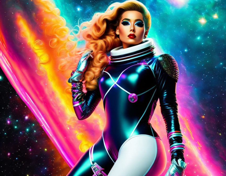 Person with Voluminous Blonde Hair in Futuristic Outfit Against Colorful Nebula Backdrop