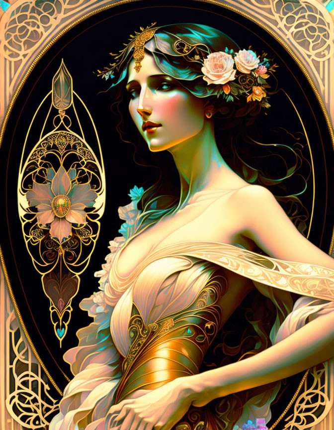 Art Nouveau Style Illustration of Woman with Flowing Hair and Gold Headpiece