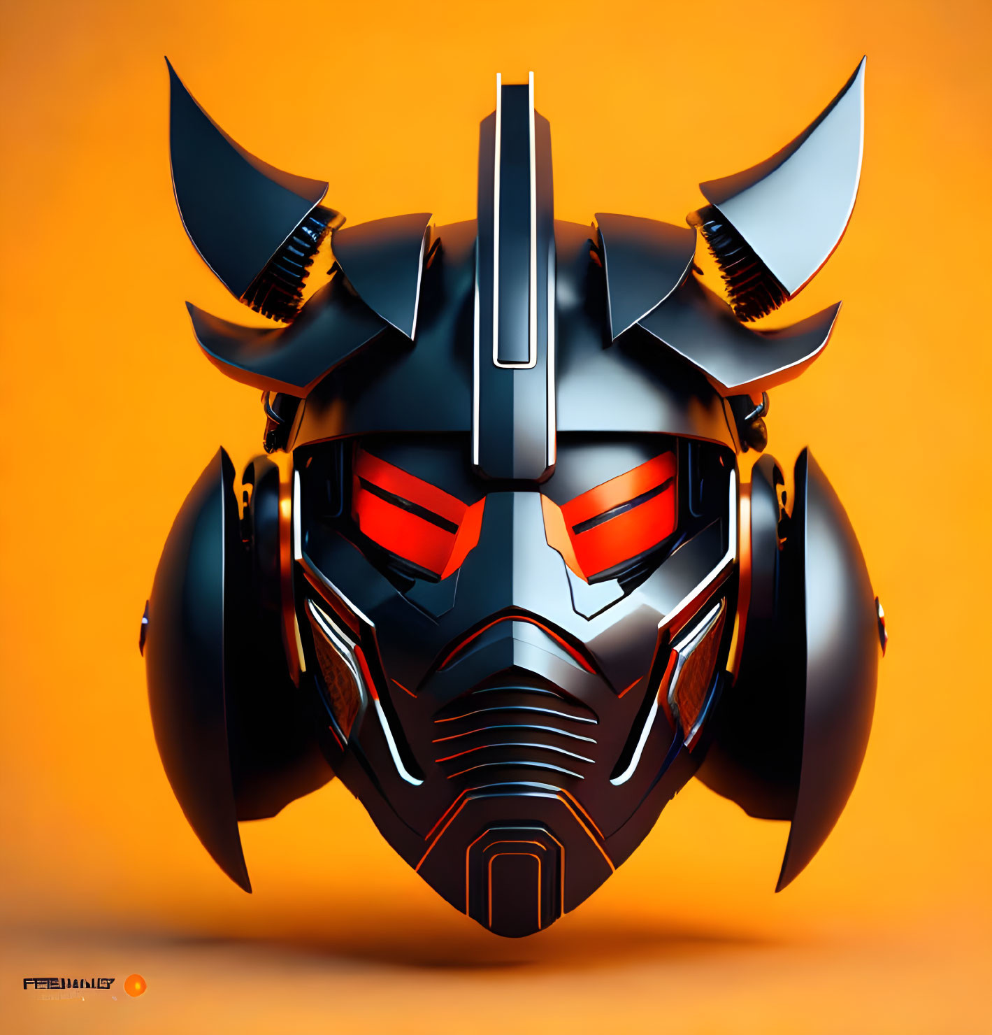 Futuristic metallic helmet with glowing red eyes and horns on orange backdrop