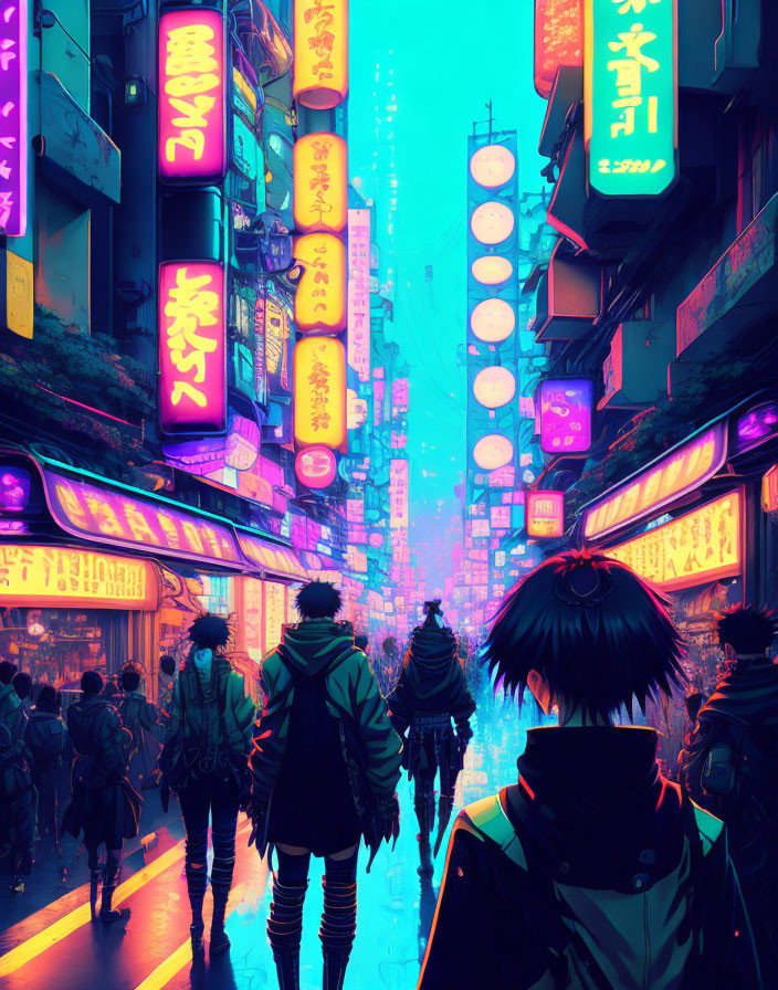 Neon-lit city alley with glowing signboards at dusk