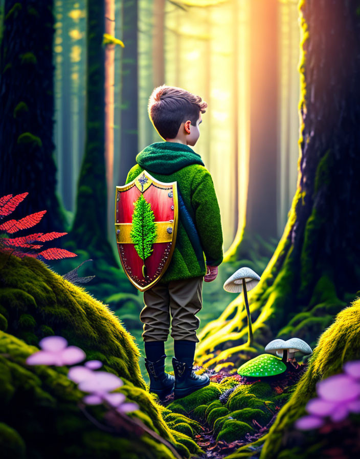 Child in green cloak with colorful shield in enchanted forest