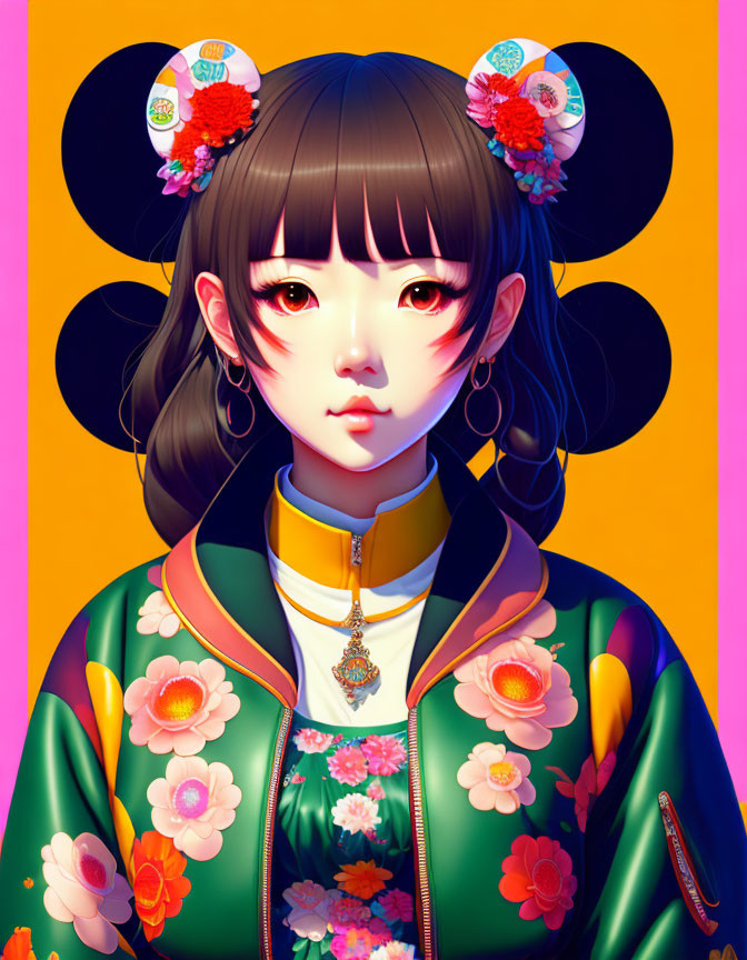 Detailed illustration of girl with large floral hair buns and jacket on yellow backdrop