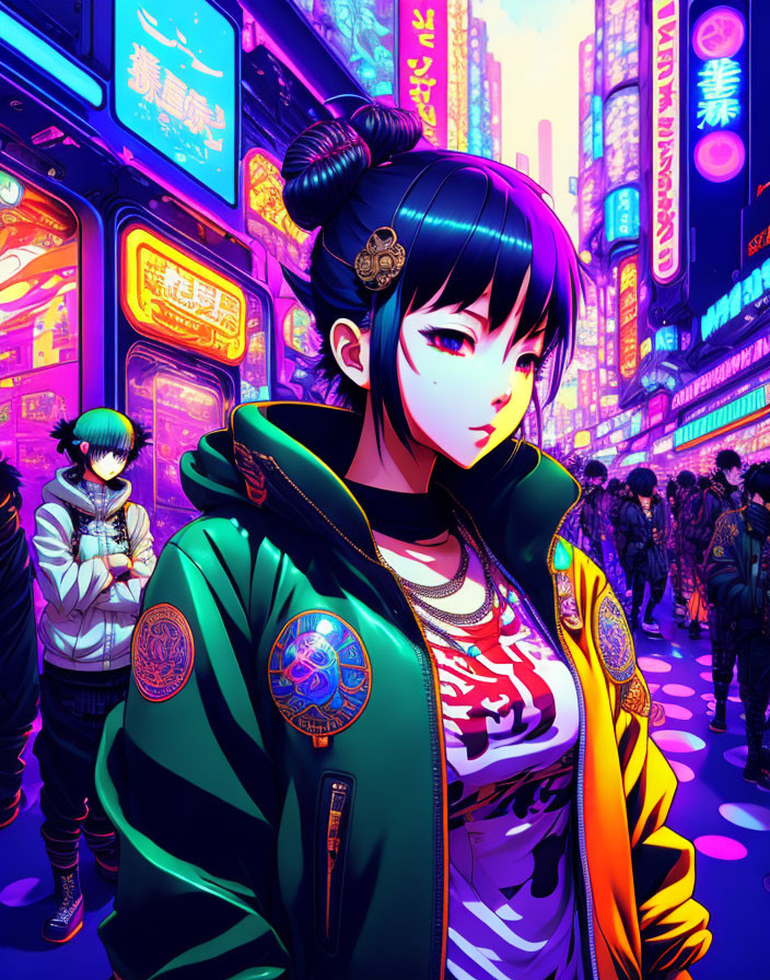 Colorful artwork featuring girl with bun hairstyle on neon-lit street