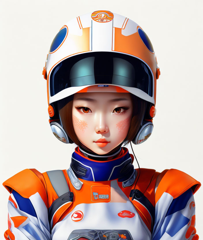 Freckled young woman in futuristic orange and white attire gazes ahead