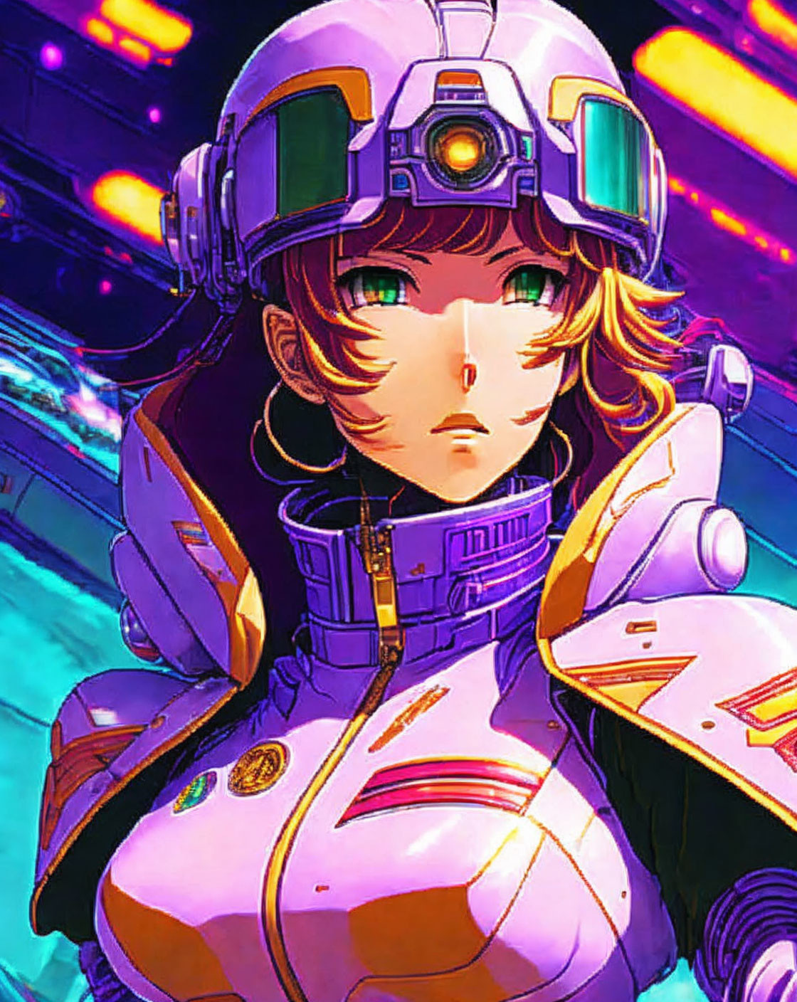 Futuristic anime female character in neon-lit sci-fi setting