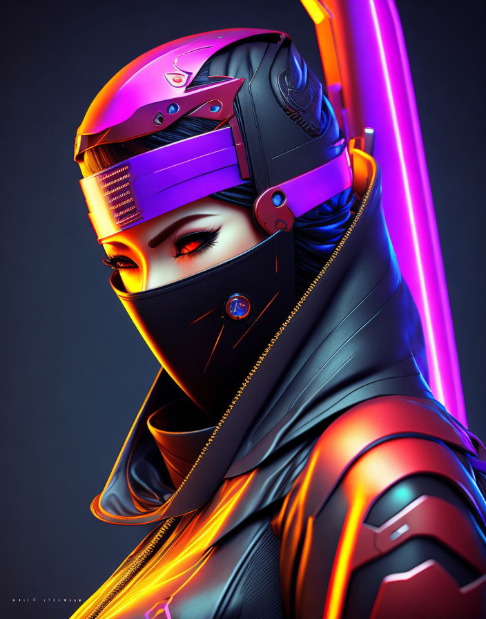 Futuristic female figure with neon lights and glowing sword