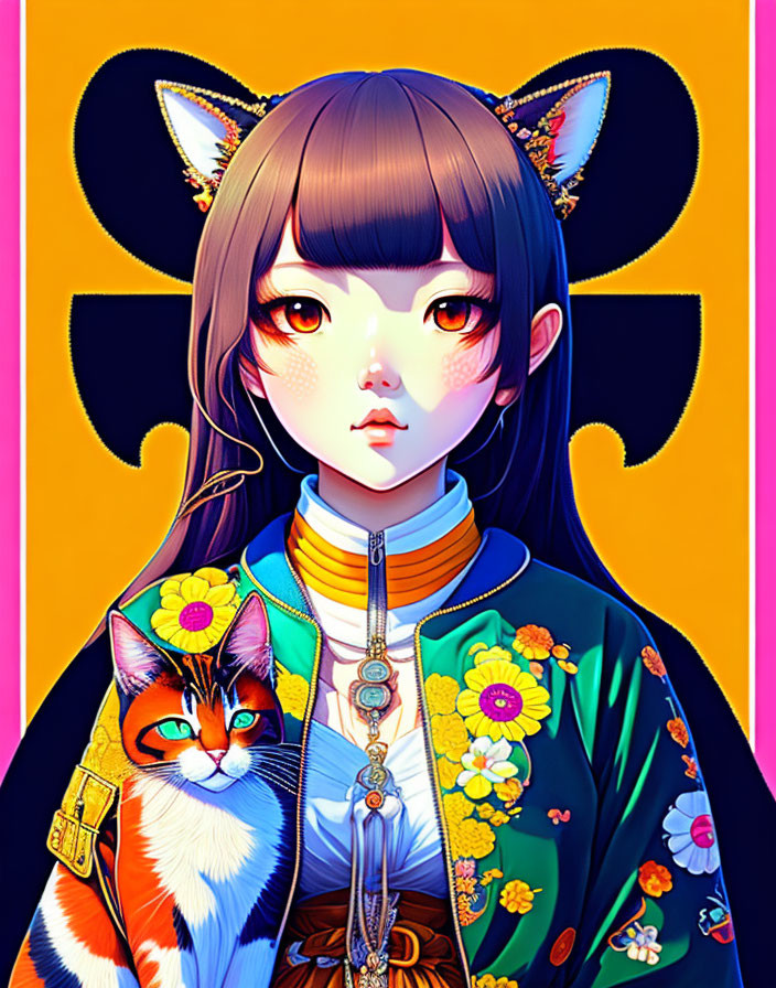 Colorful girl with cat ears and intricate patterns on shoulder, set against warm orange backdrop