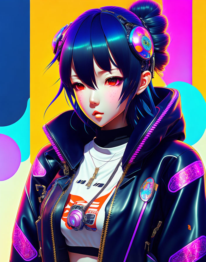 Colorful artwork: stylized female character with blue hair and headphones in jacket with patches.