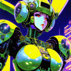 Futuristic female character in green and white space suit on neon-lit background