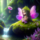 Illustration of fairy with translucent wings in enchanted forest