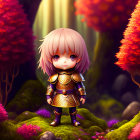 Chibi-style animated character in ornate armor in vibrant forest