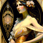 Art Nouveau Style Illustration of Woman with Flowing Hair and Gold Headpiece