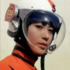 Stylized portrait of young woman in futuristic red and white helmet