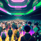 Vibrant futuristic cityscape with anime characters and neon signs