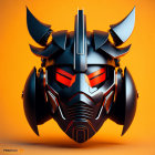 Futuristic metallic helmet with glowing red eyes and horns on orange backdrop