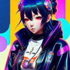 Vibrant digital artwork: girl with blue hair and headphones in neon colors